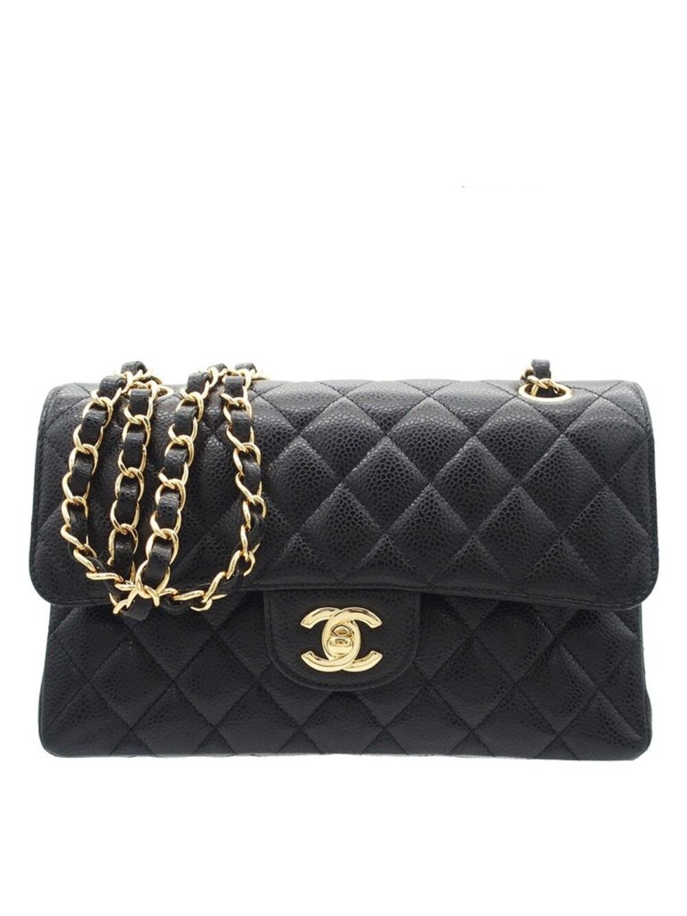Chanel Classic Black Gold Caviar Leather Quilted 23 Double Flap Chain Shoulder